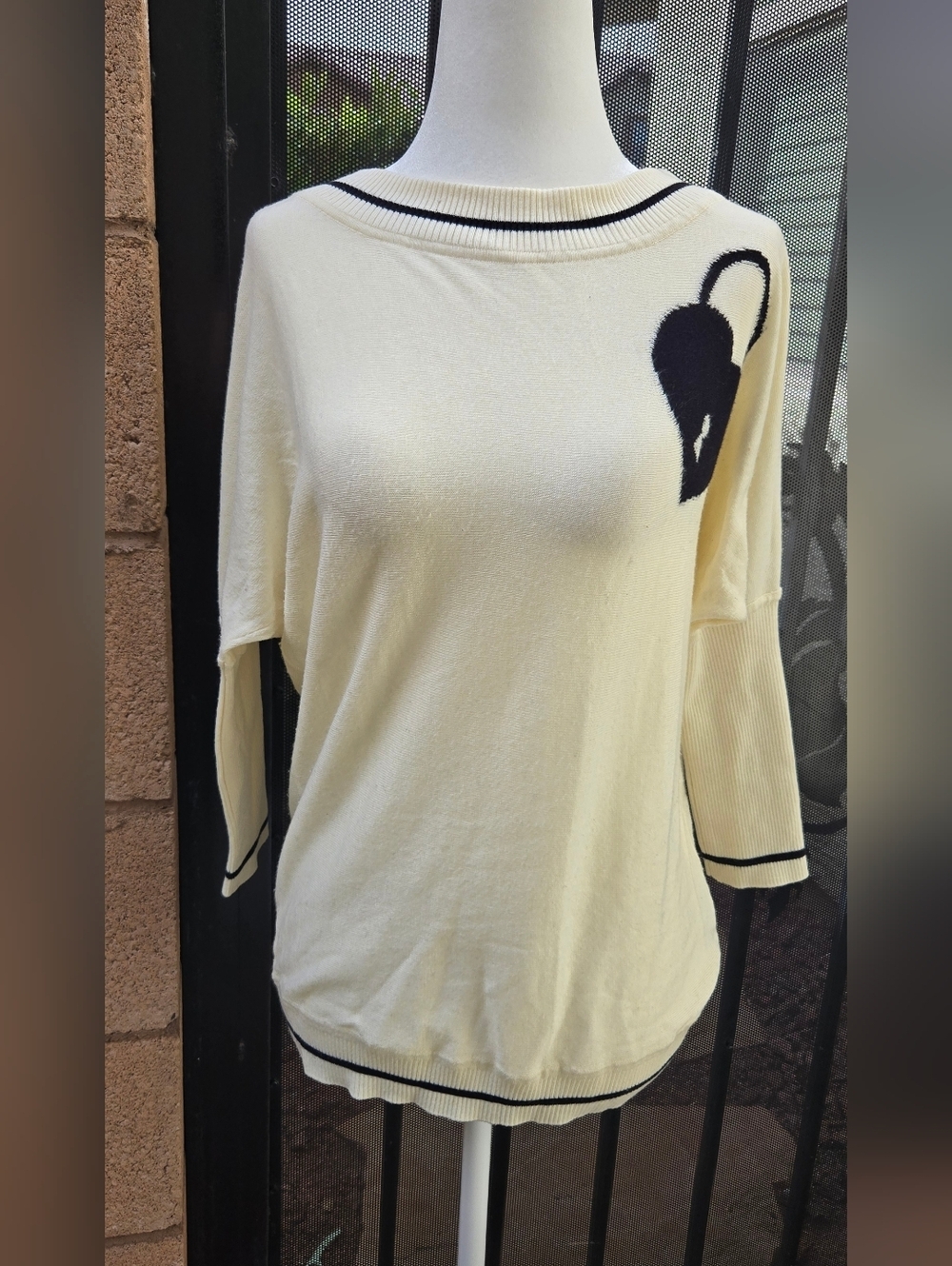 Catherine Malandrino Cream Sweater with Navy Heart Accent
